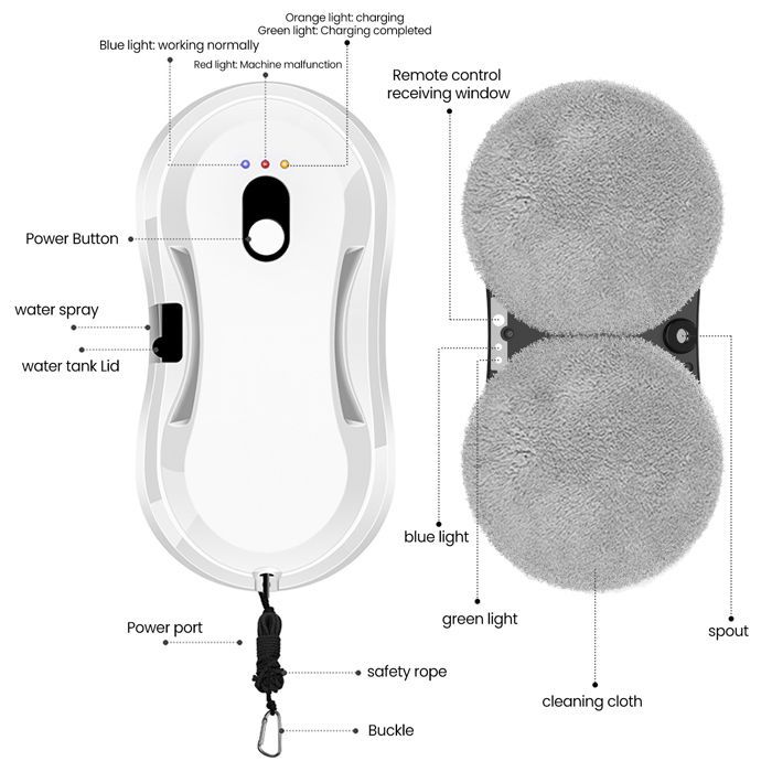 2800PA Raamreinigingsrobot - Elektrische sproeier, afstandsbediening - 35 ml - 4 m - Drie reinigingsstanden - 65 dB - Reinigingsrobot
