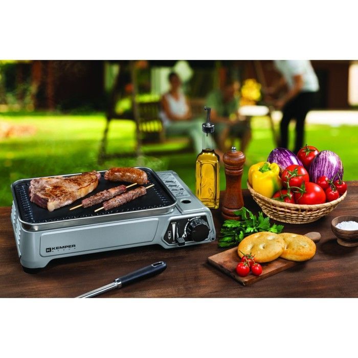 Plancha de gas portátil KEMPER de 2300 W + 8 cartuchos de gas + estuche de transporte para cocinar al aire libre, acampar, en el patio y hacer barbacoas.