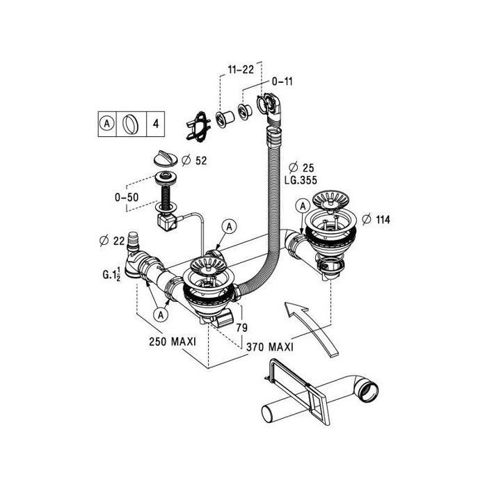 Vidage évier complet 2 cuves trous 90 mm tous matériaux, bonde automatique à câble