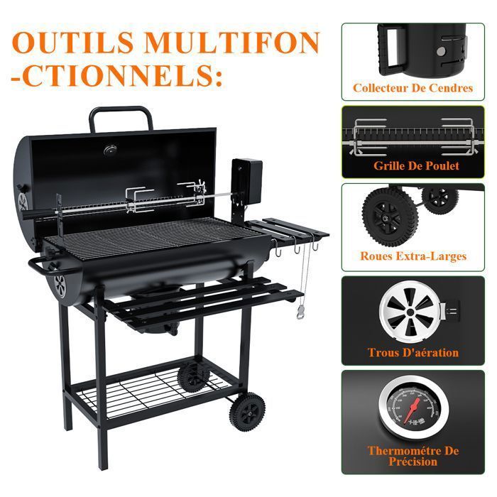 Barbecue Charbon de Bois - Grand Barbecue avec Broche électrique et 2 Tablettes Pliable - Thermomètre, Tiroir à Cendres et 2 Roues