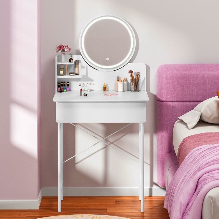 Tocador con espejo LED, mesa de maquillaje moderna blanca, 1 cajón, con 2 estantes abiertos, taburete no incluido.