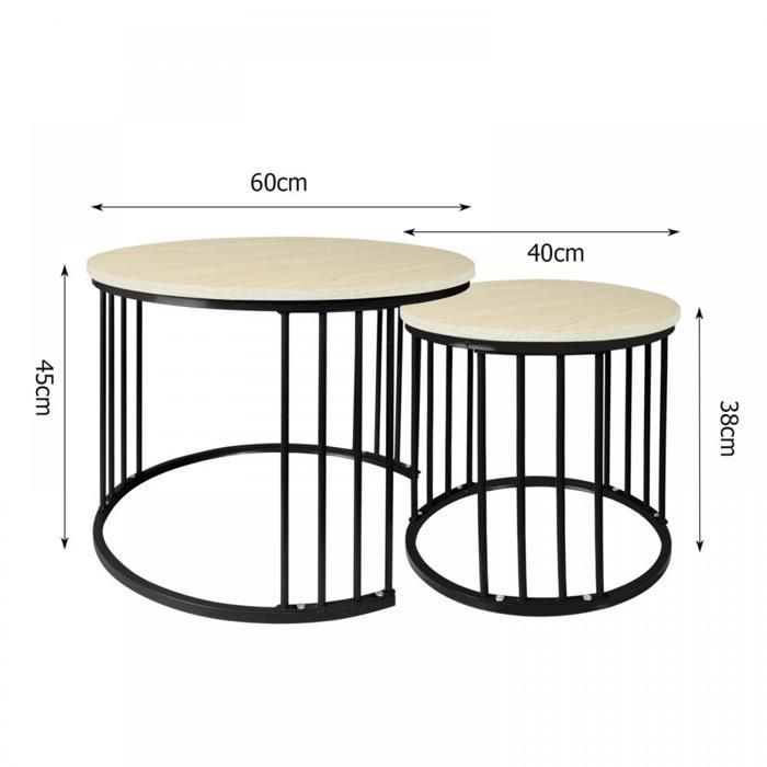 KEDIA Lot de 2 Tables Basses, érable Blanc+Pieds Noirs, 60*60*45 cm et 40*40*38 cm, Résistantes à l'usure et Faciles à Nettoyer