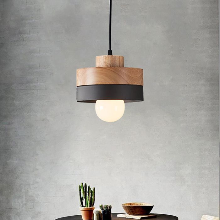 SNOGOLD Moderne ronde hanglamp met houten en zwarte metalen kap, E27 plafondlamp voor de woonkamer