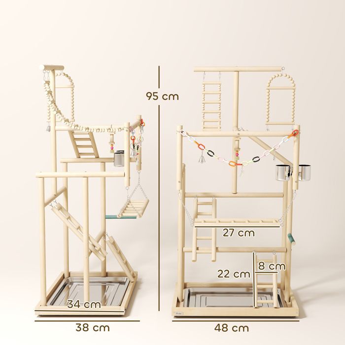 Área de juegos para pájaros - PawHut - con escaleras, juguete de cadena, plataforma, comedero, columpio - 48 x 38 x 95 cm - madera natural