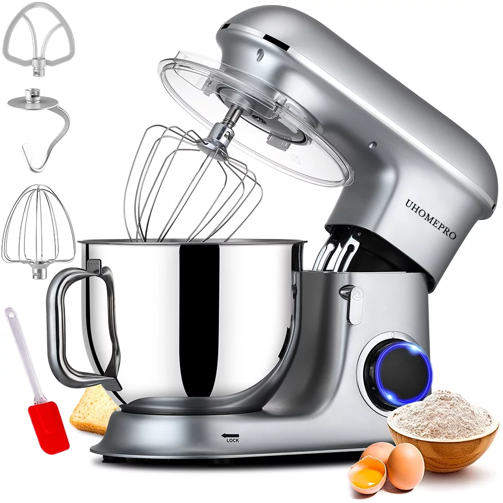 uhomepro 7.5 QT -yleiskone keittiöön, 6+0+P-nopeus, kallistuva pää, 660 W:n taikinakone, kotikäyttöön tarkoitettu sähköinen kakkukone keittiöön, taikinakoukku, vatkain, munanvispilä, lasta, astianpesukoneen kestävä