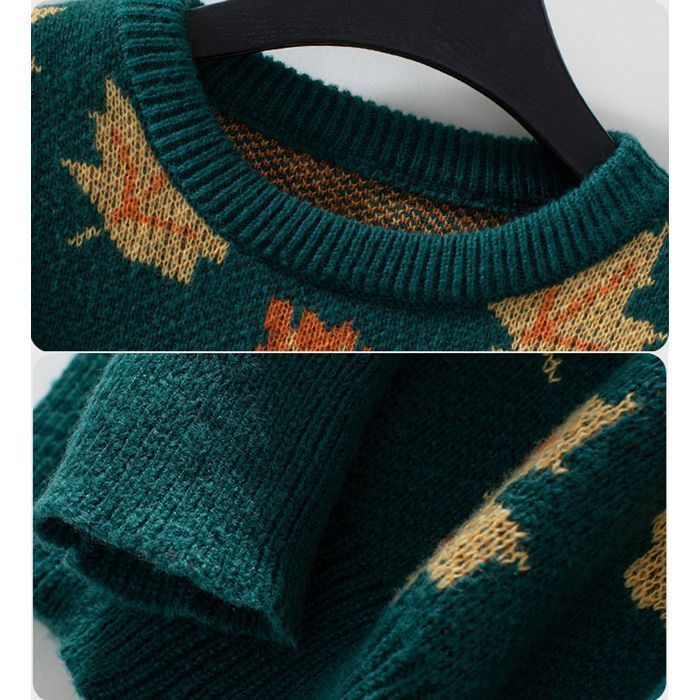 Jersey de mujer – Hojas de arce en jacquard – Otoño/Invierno – Cuello redondo – Manga larga – Negro