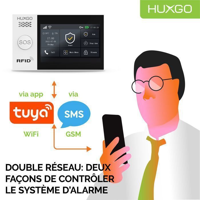 Systeme d'alarme Maison WiFi + GSM, HUXGO HXA007 + Sirène sans Fil, 1X détecteur de Mouvement, 12X capteur de Porte/fenêtre, TUYA