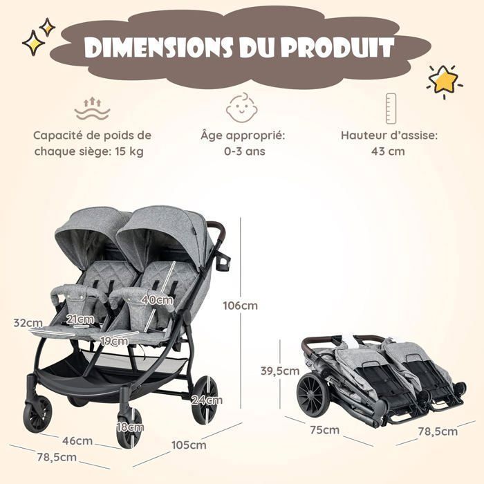 Poussette Double 0-3 Ans Pliage à un Bouton COSTWAY Côte à Côte-Dossier Réglable-Auvent à 5 Niveaux-Roues Freinées-Charge 15KG-Gris