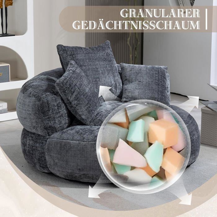 Lemonbest Bean Bag with Three Cushions, Suitable for Bedroom and Living Room, Lazy Sofa, 108*108*52cm Chenille Grey