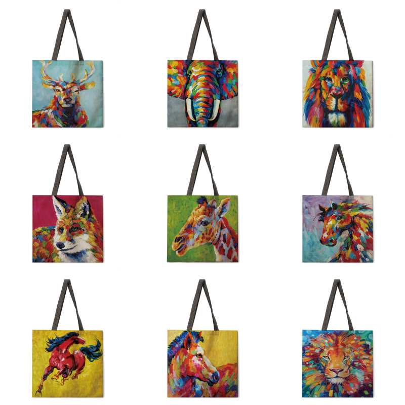 Borsa da spiaggia da donna, borsa a tracolla pieghevole, borsa per la spesa, dipinto ad olio, borsa a tracolla con stampa animalier, borsa a tracolla in lino per tutti i giorni, borsa a tracolla riutilizzabile.