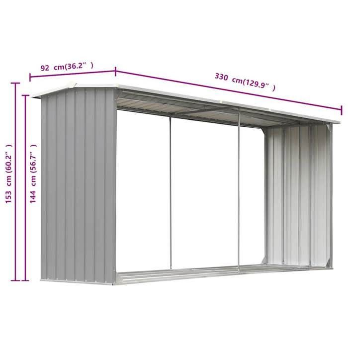 Leñera - vidaXL - Acero galvanizado - 330x92x153 cm - Gris - Rejilla elevada - Techo inclinado