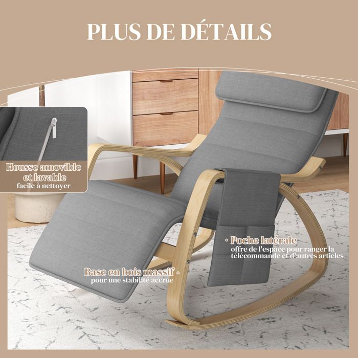 Sillón reclinable mecedor/silla de lactancia con reposapiés ajustable, bolsillo lateral y reposacabezas, color gris.