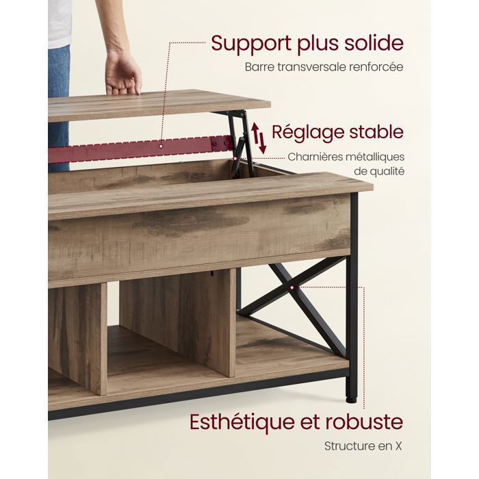Table Basse Relevable, Rangement Ouvert et Compartiment Caché, Barres en Forme de X, 60 x 100 x (48-62) cm, Marron chêne et Noir