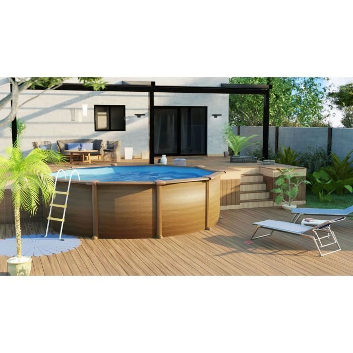 Piscina redonda elevada de acero con acabado efecto madera - GRE - Pacific - Diámetro 4,80 m - Filtro de arena y escalera incluidos