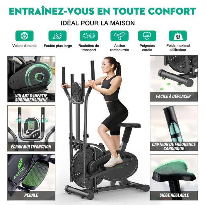 Bicicleta elíptica 2 en 1 para uso doméstico. Resistencia de 180°, peso máximo 120 kg. Pantalla LCD, tamaño compacto ideal para familias y apartamentos, color negro.