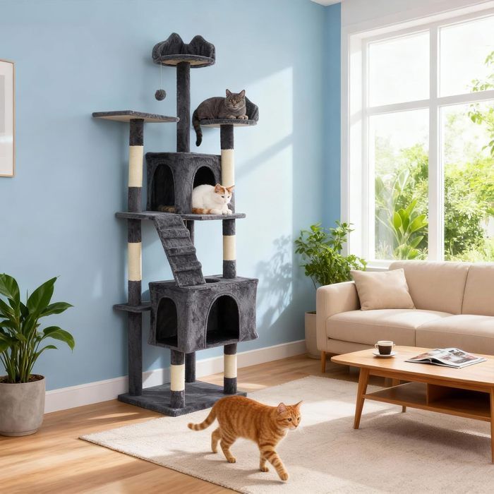 ARBRE A CHAT-TOYS S -182 H -Tour à chats XL à plusieurs niveaux-2 Condos, 3 Perchoirs , Gris Foncé