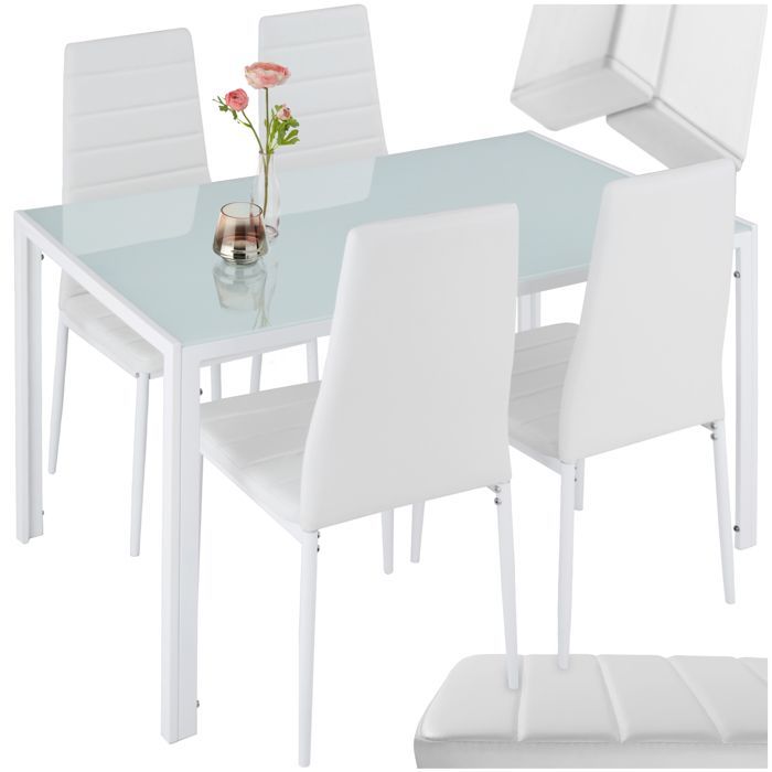 Mesa de comedor con sillas - TECTAKE - BERLIN. Conjunto de comedor con 4 sillas tapizadas en piel sintética - Blanco.