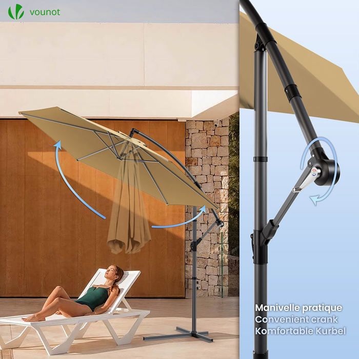 VOUNOT® Parasol déporté inclinable 3M Kaki - Rotatif 360° - Inclinaison réglable - Manivelle anti-retour - Housse de protection