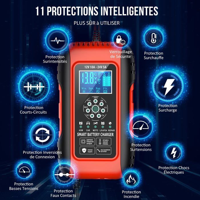 Cargador de baterías - AIMOONSA - 10A - 12V/24V - Pantalla LCD - Carga de mantenimiento