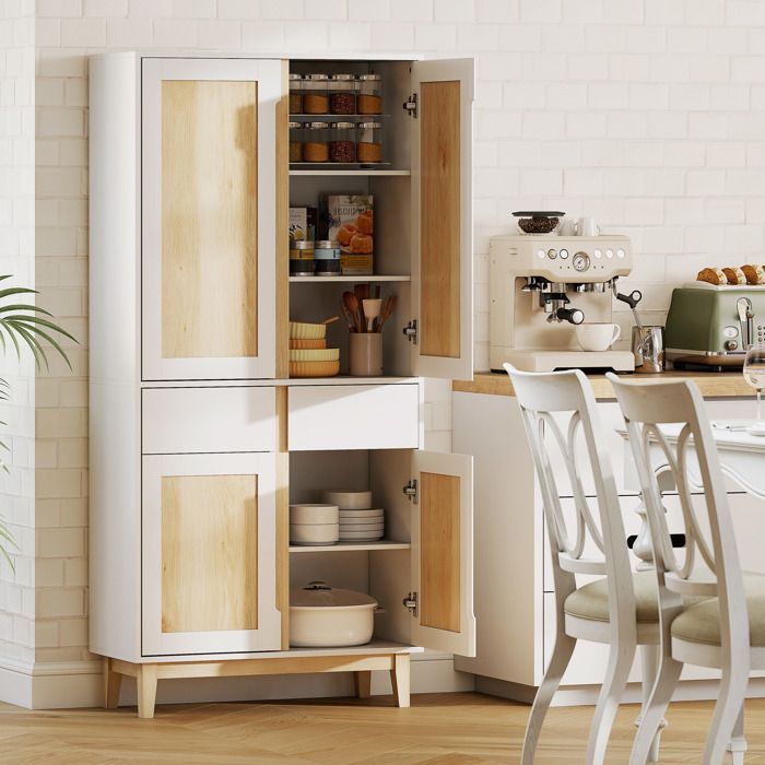Aparador alto de cocina - HOMCOM - 4 puertas, 2 cajones, estantes ajustables - MDF y aglomerado - 80x35x170cm - blanco y roble