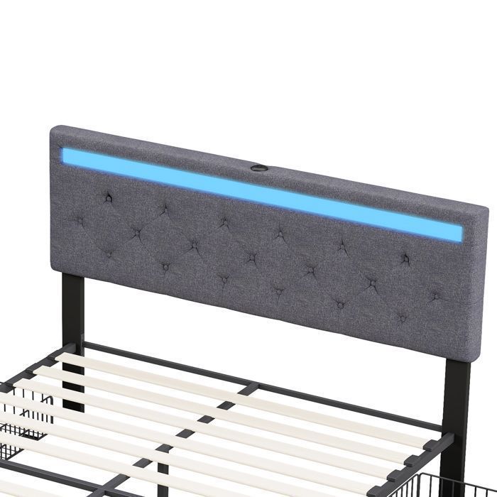 Letto matrimoniale 160 x 200 cm, letto per adulti 160x200 cm con 4 cassetti, con porta USB e illuminazione a LED, struttura letto, con testiera, grigio scuro, tessuto