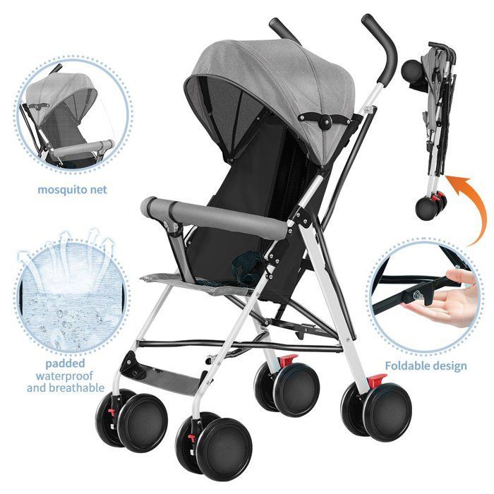 MIPAN. Passeggino compatto - Passeggino per bambini 0-3 anni - Passeggino con seduta, parasole e zanzariera - Grigio