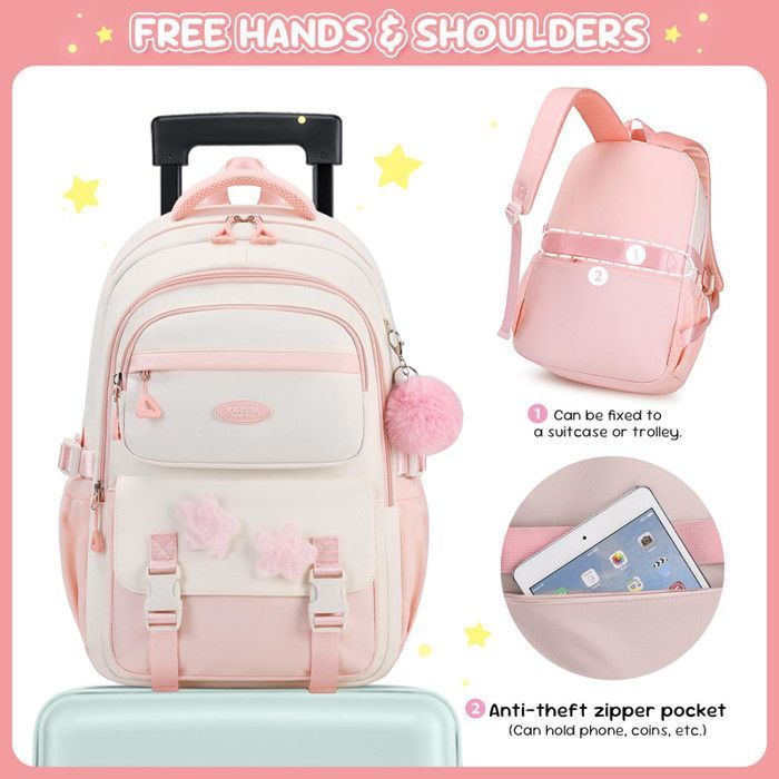 Girls' Primary School Backpack, Children's Backpack for Grades 4 and 5, School Bag with Tassel Pendant, Casual School Bag, Pink