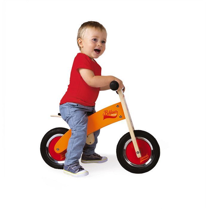 Janod Little Bikloon Wooden Balance Bike - Orange - Ages 2+ - Inflatable Tires - Adjustable Seat
