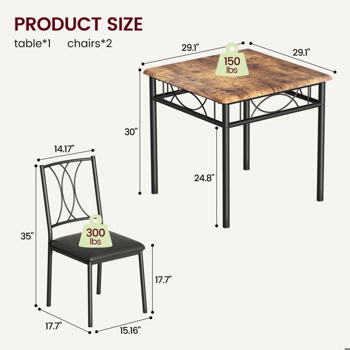Conjunto de mesa e 2 cadeiras, conjunto de jantar em MDF, para cozinha, espaços pequenos, apartamento, jardim, estúdio, sala de estar, marrom