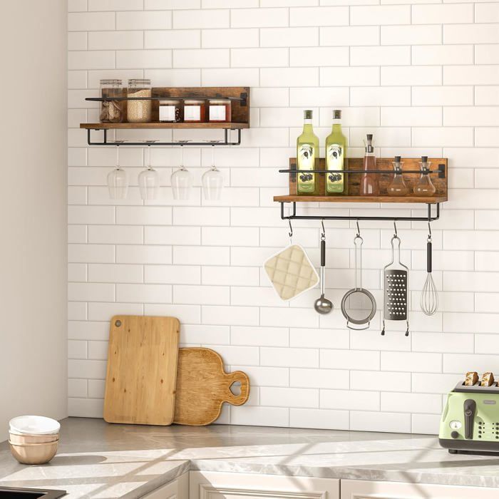 HOOBRO Wall-Mounted Wine Racks, Set of 2, Hanging Bottle Holders, Glass Holders, for Living Room, Dining Room, Kitchen