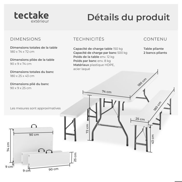 Mesa de camping con bancos - TECTAKE - Conjunto de comedor PANJA: 1 mesa, 2 bancos, compacto y plegable con asas de transporte - Blanco