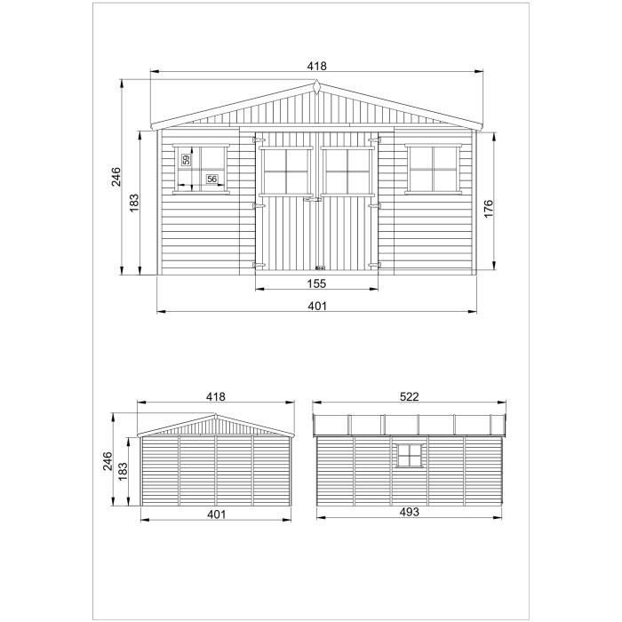 Abri de jardin en bois - TIMBELA - 516x424 cm - Construction de Panneaux - Ep. 17 mm