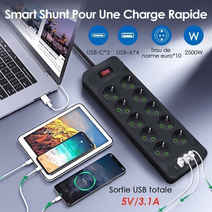Regleta con interruptor, 10 tomas de corriente, 2500W, con 2 puertos USB-C, 4 puertos USB-A, cable de 2M, para el hogar y la oficina.