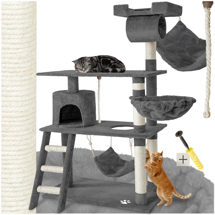Árbol rascador para gatos - TECTAKE - MARCEL, 141 cm de altura, con cuerda, poste rascador y zonas de descanso - Gris