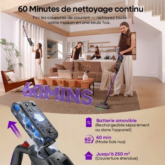 Aspirateur Balai sans Fil Erabros EV3-500W/60Kpa-60Min-Commande du pouce-Auto-Portant-Batterie Amovible-Anti-Emmêlement