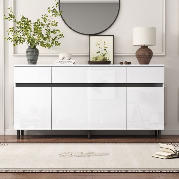 Credenza bianca lucida da 160 cm, mobile contenitore moderno con ripiani regolabili, 4 cassetti e 4 ante, ideale per soggiorno e sala da pranzo.