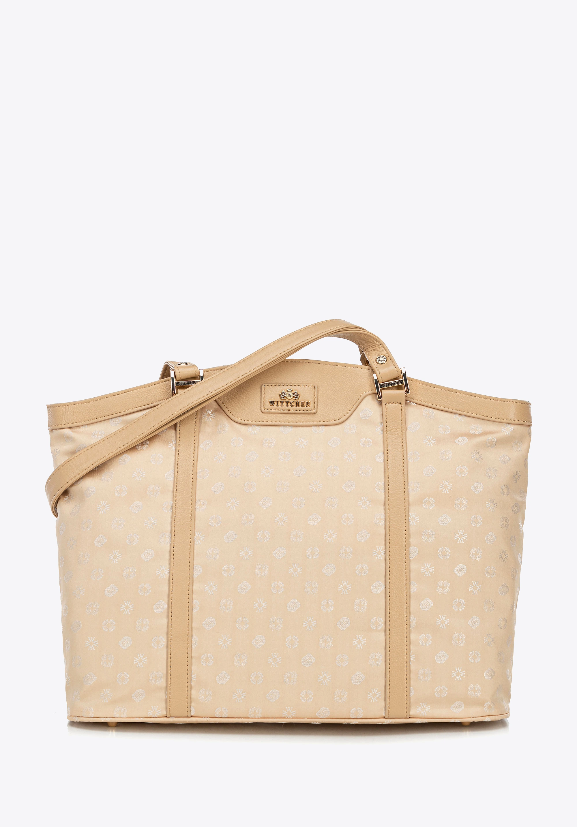 Torebka shopperka z żakardu i skóry w monogramy kremowa