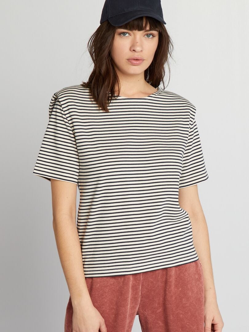 Camiseta de rayas con hombreras - BEIGE