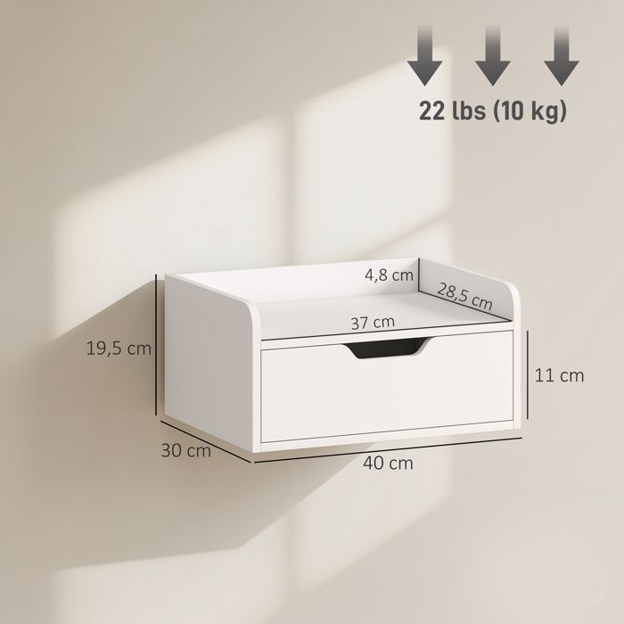 Juego de 2 mesitas de noche de pared - HOMCOM - mesitas de noche colgantes - cajón deslizante en la parte superior - 40 cm de largo x 30 cm de ancho x 19,5 cm de alto - blanco