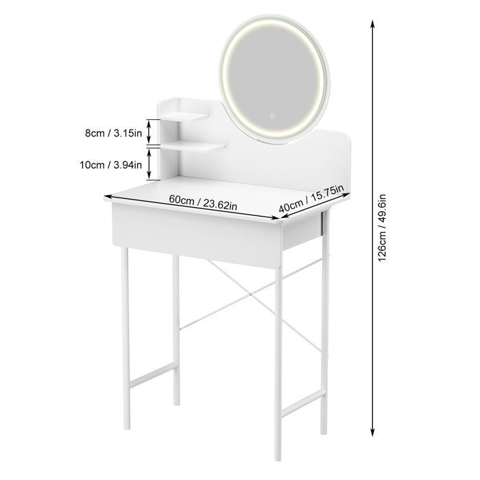 Tocador con espejo LED, mesa de maquillaje moderna blanca, 1 cajón, con 2 estantes abiertos, taburete no incluido.