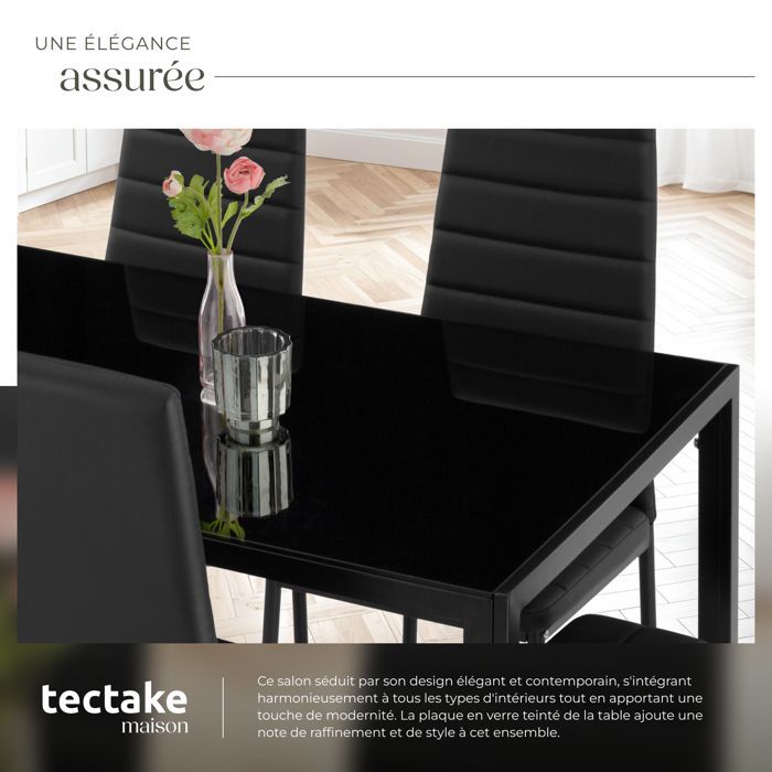 Mesa de comedor con sillas - TECTAKE - BRANDENBURG. Conjunto de comedor con 6 asientos tapizados en piel sintética - Negro/Negro