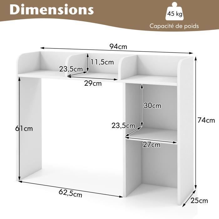 COSTWAY Étagère Bibliothèque à 3 Niveaux 94x25x74 CM, Organisateur Rangement de Bureau avec 2 Dispositifs Anti-renversement Blanc