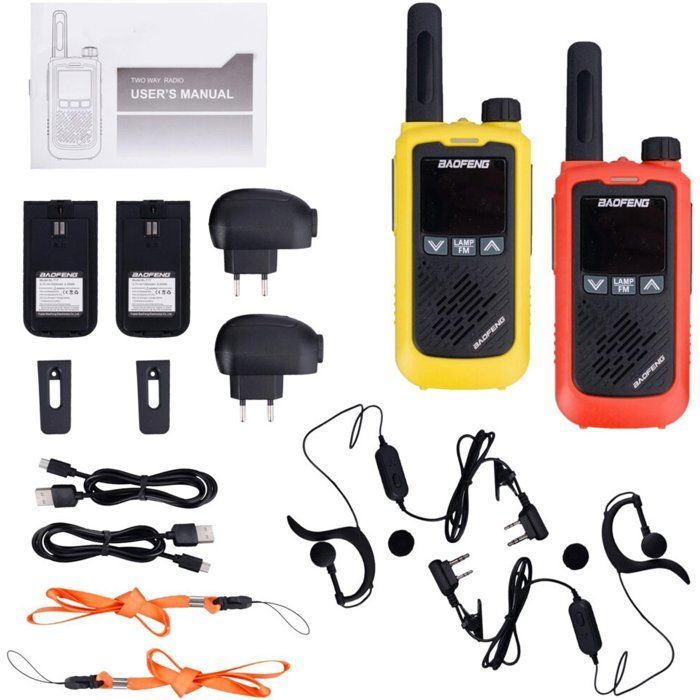 BF-T17 – Walkie-talkies – Paquete de 2 – 16 canales – Recargables por USB – Rojo y amarillo