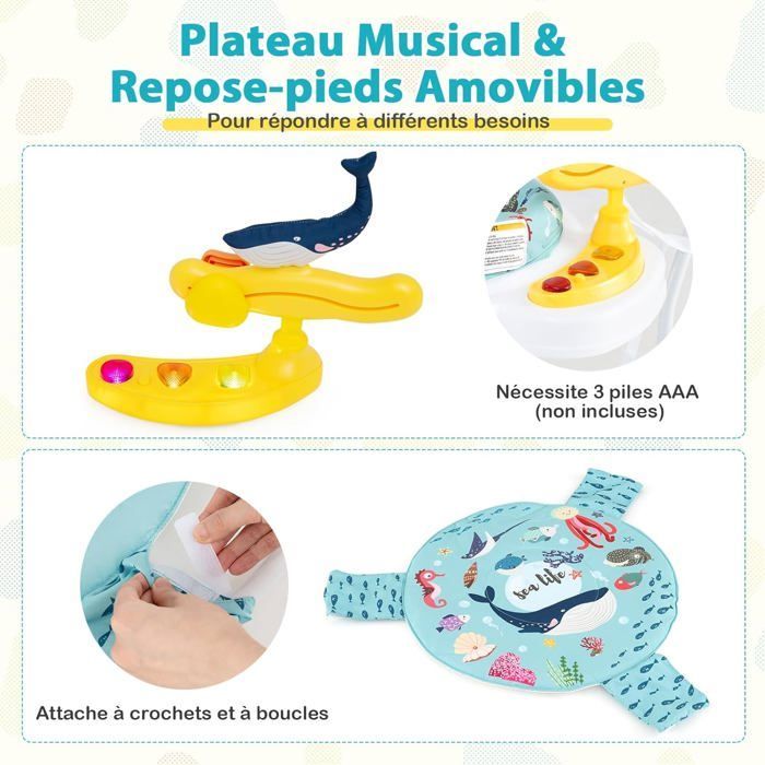 Andador musical para bebé COSTWAY - Altura ajustable - Juguetes interactivos - Caja de música con luces - Asiento giratorio 360° - A partir de 6 meses - Azul