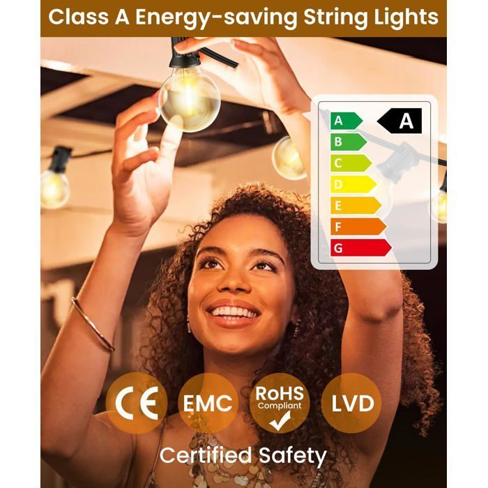 Guirnalda de luces LED para exteriores de 20 m/30 m - 30+2 bombillas G40, Plug&Play, irrompible, conectable [Blanco cálido]