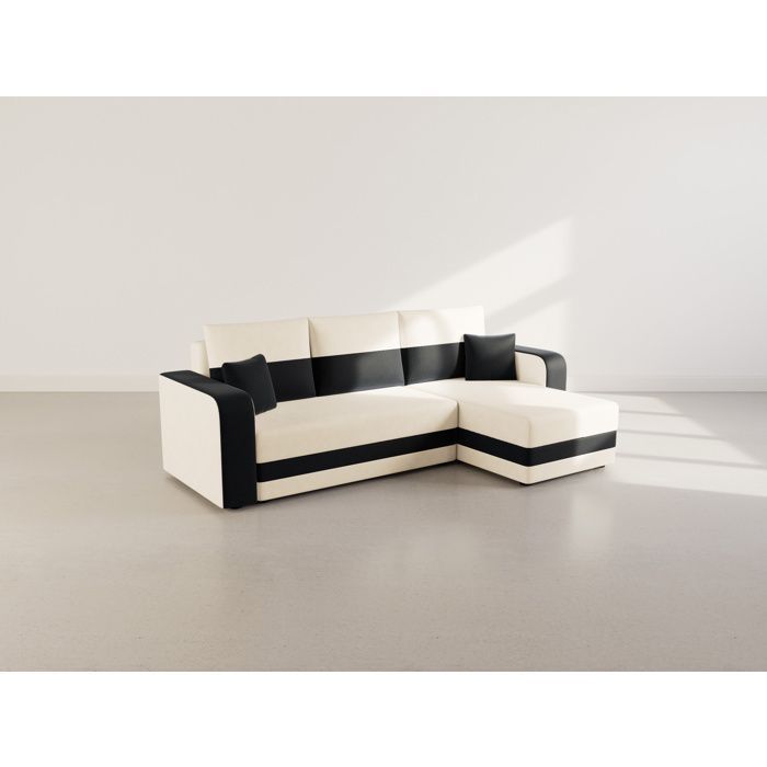 Harvey - Divano letto angolare reversibile a 4 posti con contenitore, in tessuto bicolore - Nero / Beige