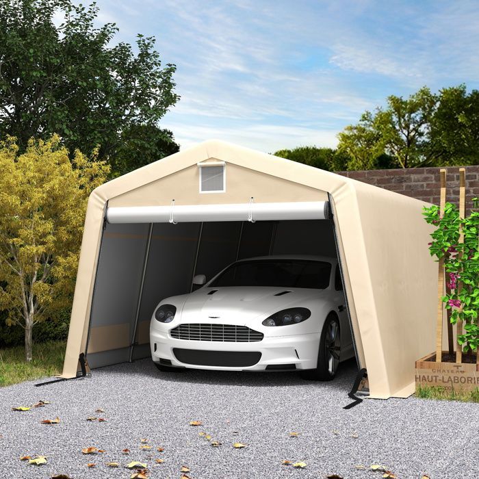 Cochera Outsunny - acero galvanizado robusto, polietileno de alta densidad de 150 g/m², impermeable y resistente a los rayos UV - 618x330x240cm - color caqui