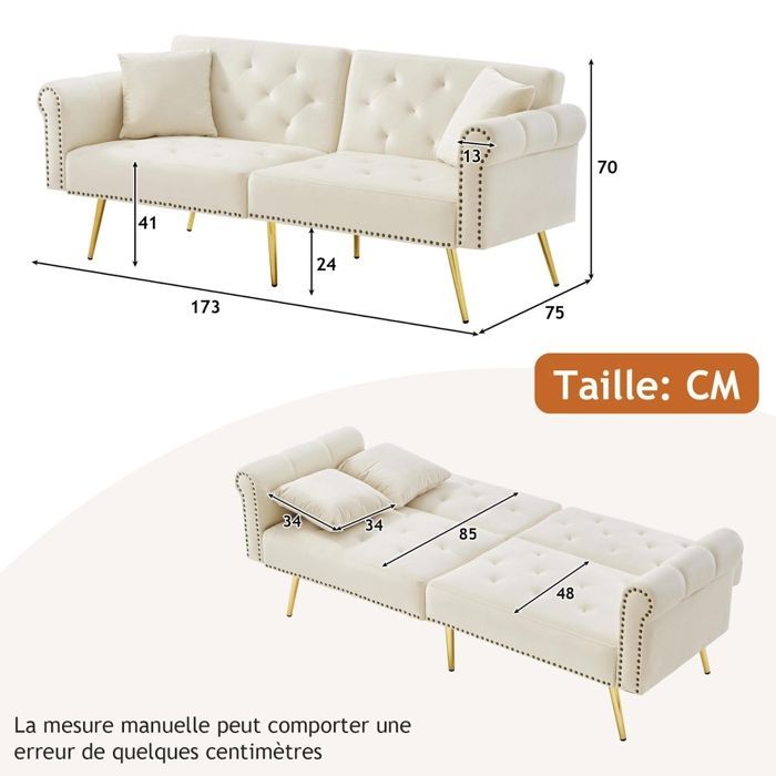 Canapé convertible - RAVAS - Banquette 2 places - Velours blanc - Dossier réglable - Espace de rangement