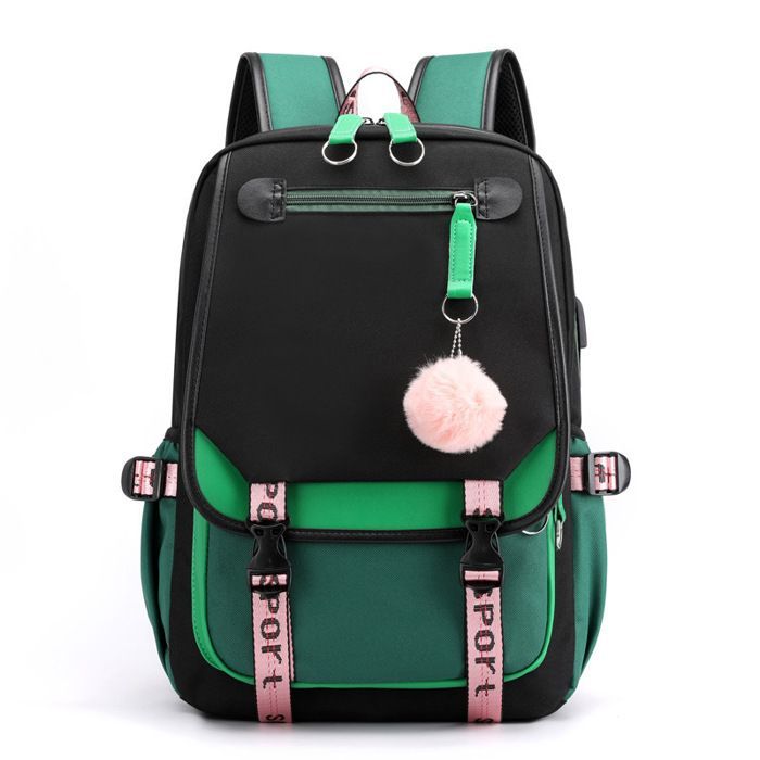 Sac à Dos Scolaire en Nylon Imperméable Cartable Primaire Sacs d'école Collége Garcon/Fille USB Port de Charge et Casque - Vert