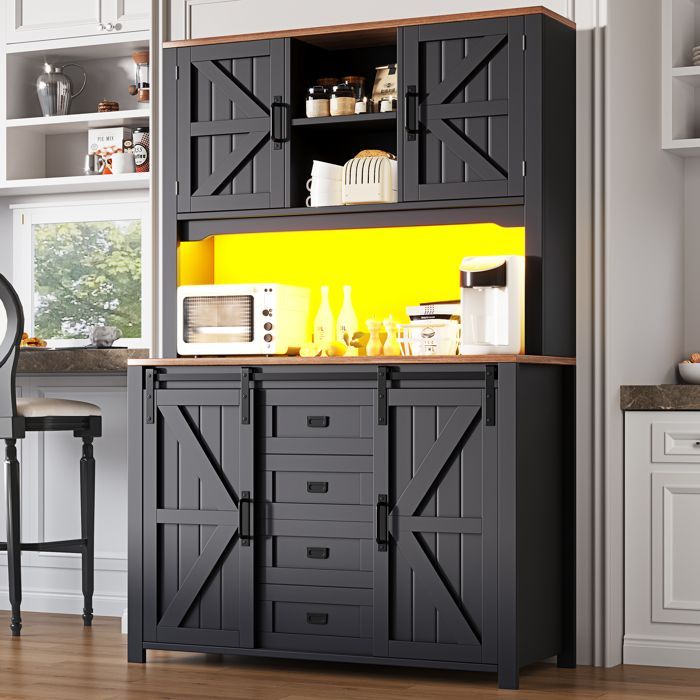 Country-style kitchen sideboard - MODERNLUXE - 115x40x175 cm - 4 doors - 2 drawers - LED lighting - Black - MDF